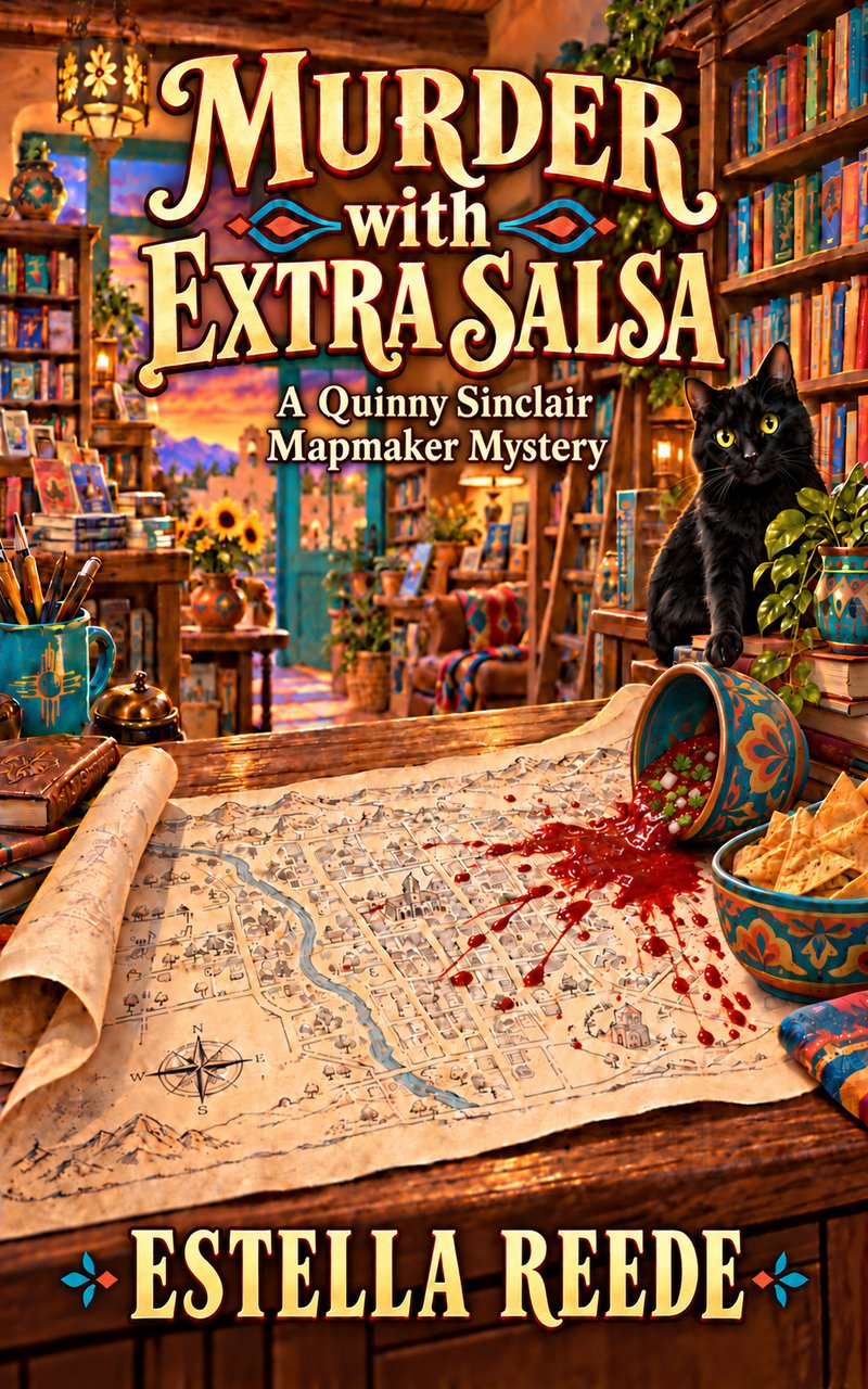 Cover of Murder with Extra Salsa, A Quinny Sinclair Mapmaker Mystery by Estella Reede, showing a black cat beside a spilled bowl of salsa on a hand-drawn map in a cozy bookstore
