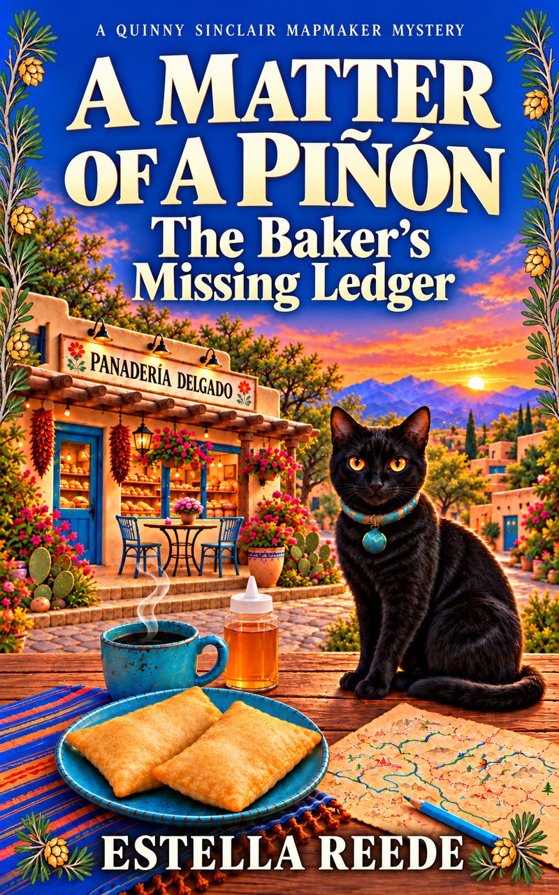 Cover of A Matter of A Piñón: The Baker's Missing Ledger by Estella Reede, showing a black cat beside sopaipillas, honey, and a hand-drawn map outside Panadería Delgado